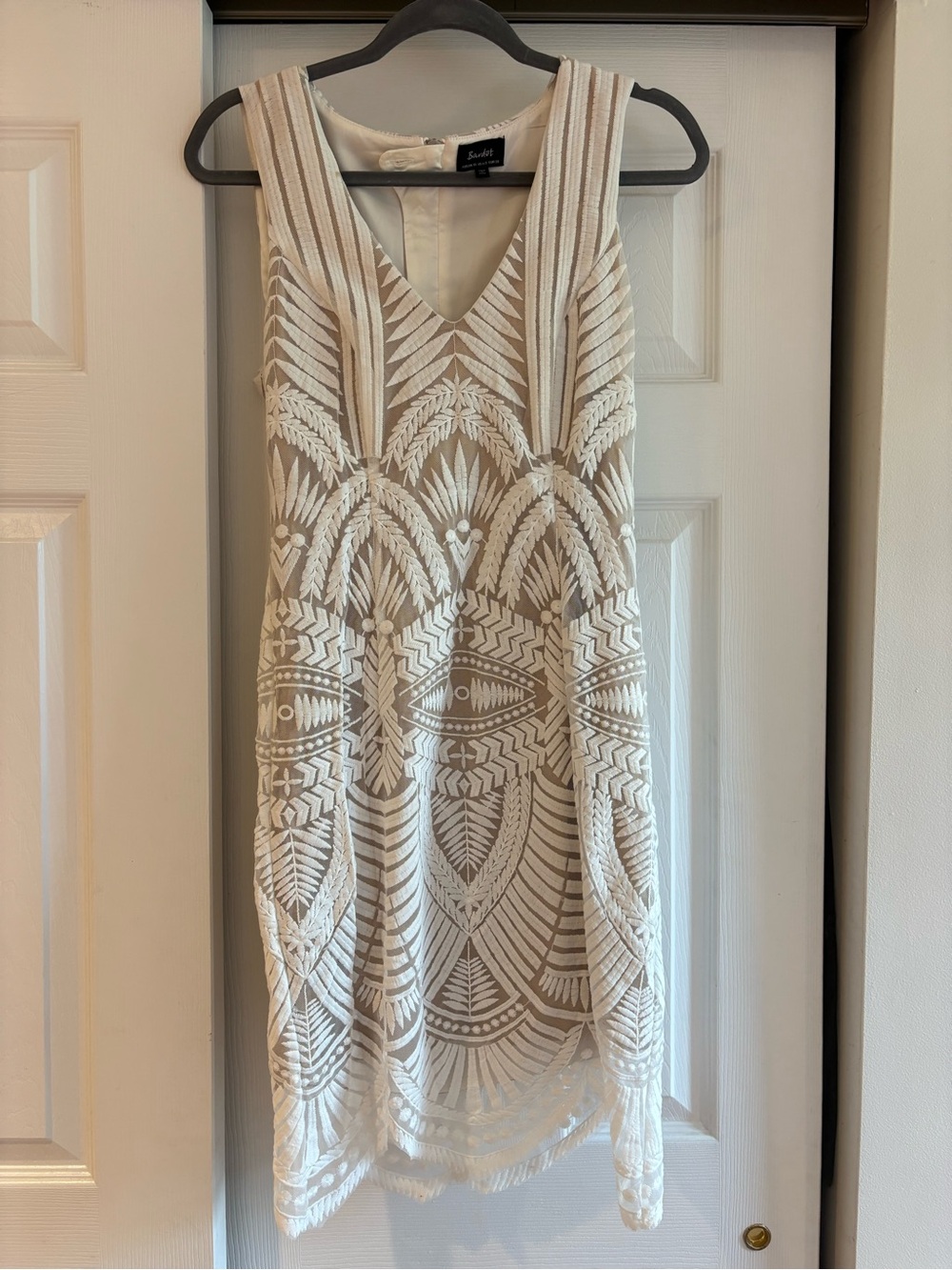 Bardot Cream and White Embroidered V-Neck Mini Dress